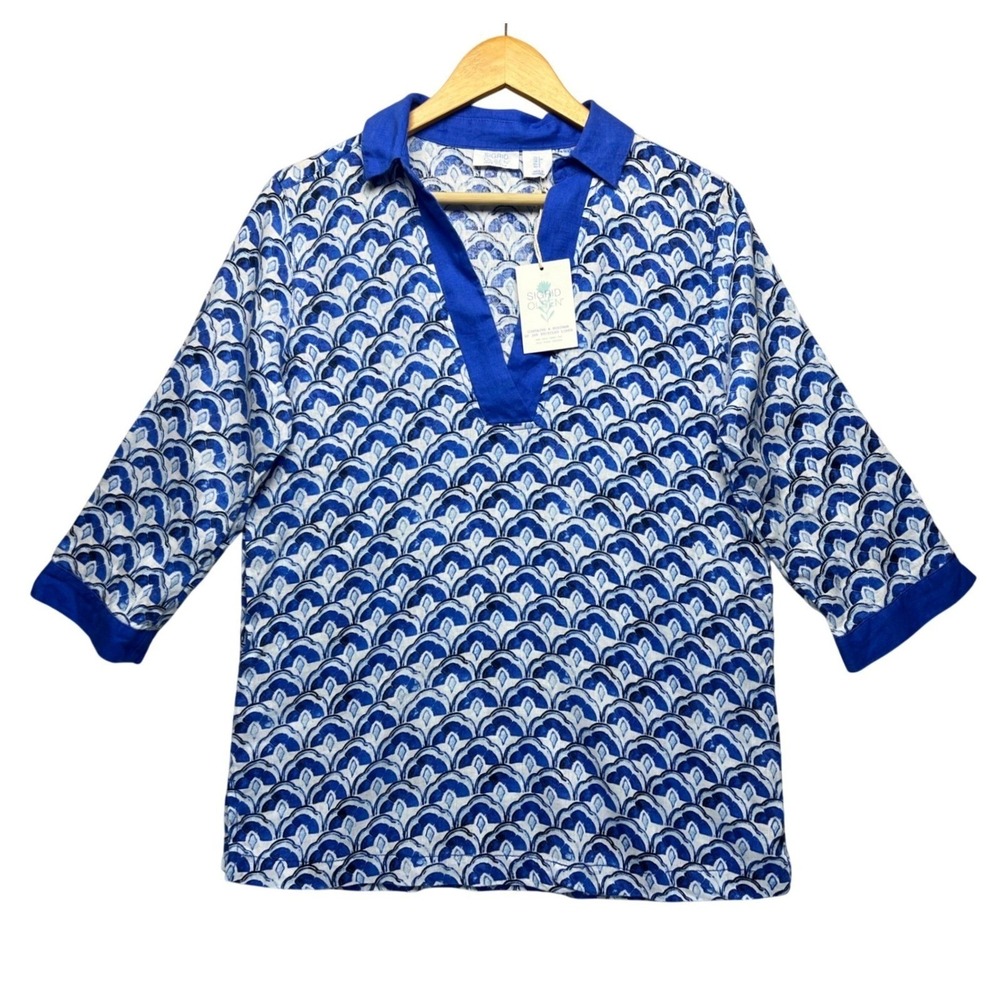 Sigrid Olsen Blue White Tunic Top Linen 3/4 Sleeve NWT V Neck Coastal Vacation S - Picture 2 of 12